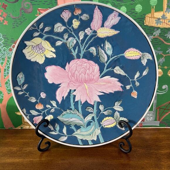 Vintage Hand Painted Floral Peony Chinoiserie Decorate Oriental Plate Blue Pink - Picture 1 of 8